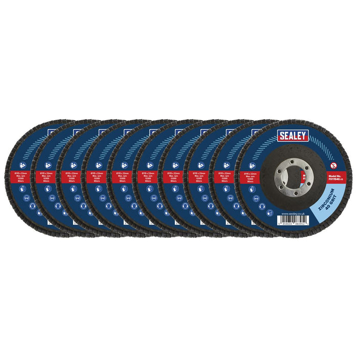 Sealey 115mm Zirconium Flap Discs 40Grit 22mm Bore - Pack of 10 FD1154010 Sealey - Dynamic Drive