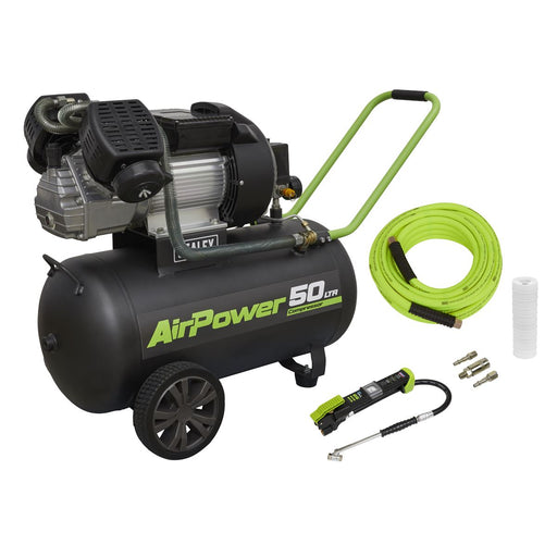 Sealey 50L V-Twin Direct Drive Air Compressor 3hp with Air Accessory Kit Sealey - Dynamic Drive