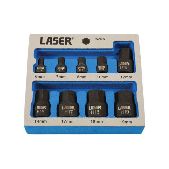Laser Low Profile Impact Hex Socket Bit Set 1/4"D, 3/8"D 9pc 6726 Laser - Dynamic Drive