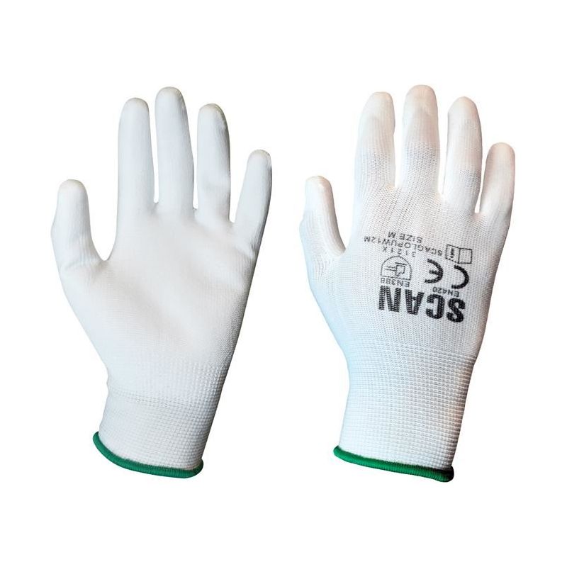 Scan White PU Coated Gloves - M (Size 8) (Pack 12) Scan - Dynamic Drive