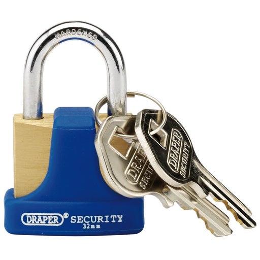 Draper Solid Brass Padlock and 2 Keys with Hardened Steel Shackle and Bumper, 32 Draper - Dynamic Drive