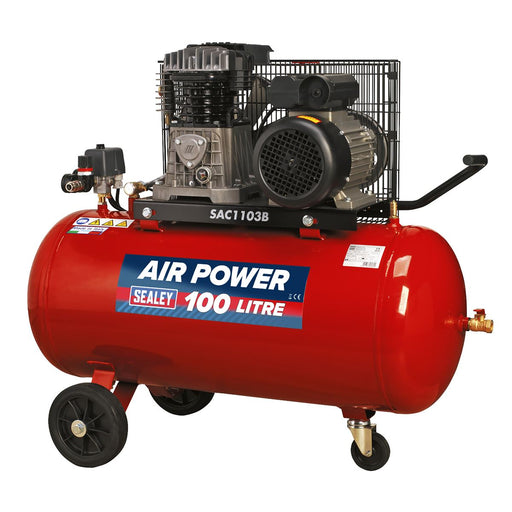 Sealey Air Compressor 100L Belt Drive 3hp with Cast Cylinders & Wheels SAC1103B Sealey - Dynamic Drive