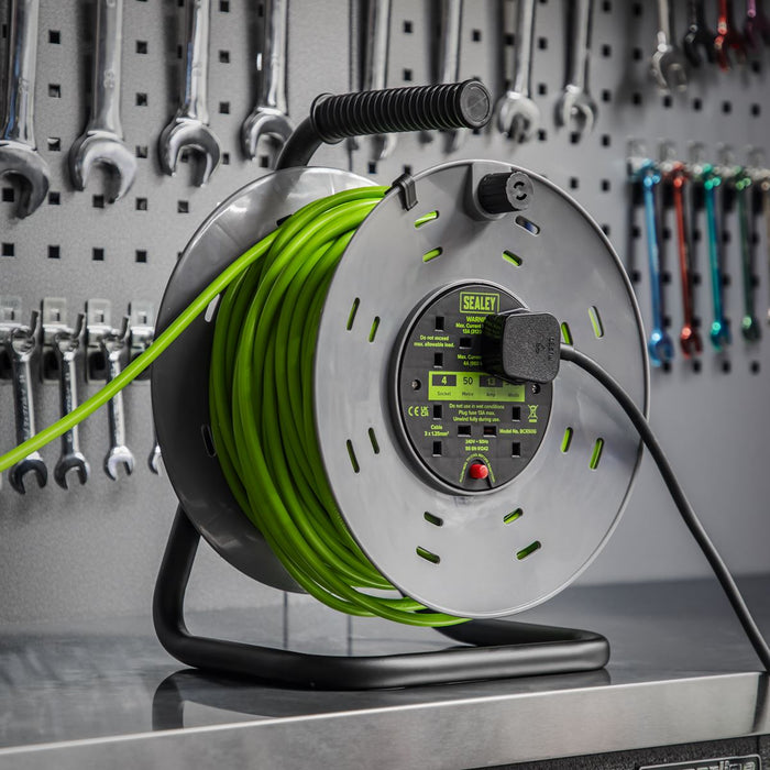 Sealey 50m Cable Reel with Thermal Trip 4 x 230V - Hi-Vis Green BCR50G Sealey - Dynamic Drive