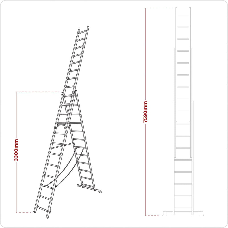 Sealey Extension Combination Ladder 3 x 12 Aluminium - BS EN 131 ACL312 Sealey - Dynamic Drive