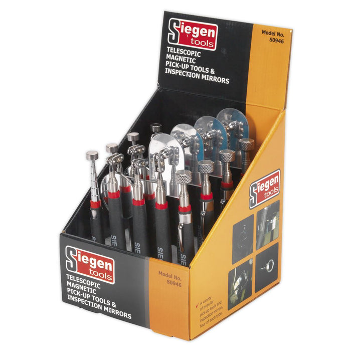 Sealey Telescopic Magnetic Pick-Up Tools & Inspection Mirrors Display Box of 20 Siegen by Sealey - Dynamic Drive