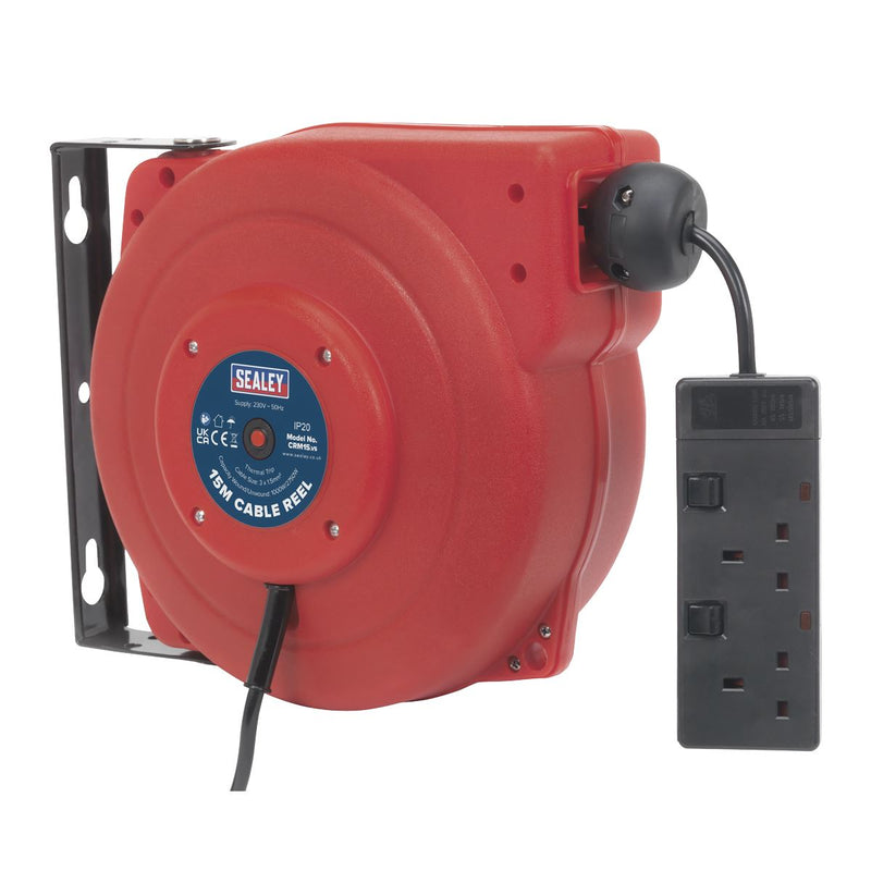 Sealey Cable Reel System Retractable 15m 2 x 230V Socket CRM15 Sealey - Dynamic Drive