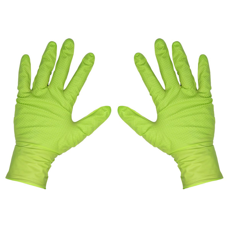 Diamond Grip Extra-Thick Nitrile Powder-Free Gloves Hi-Vis Green XL Pack of 50 Sealey - Dynamic Drive