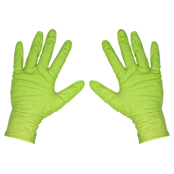 Diamond Grip Extra-Thick Nitrile Powder-Free Gloves Hi-Vis Green XL Pack of 50 Sealey - Dynamic Drive