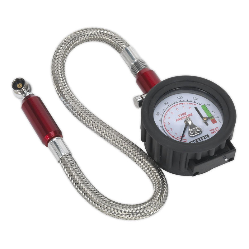 Sealey Tyre Pressure Gauge & Tyre Tread Depth Gauge Flexible Hose 0-8bar(0-120ps Sealey - Dynamic Drive