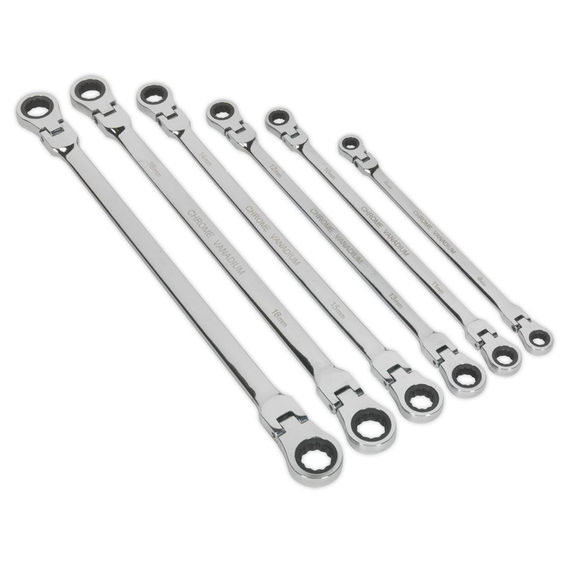 Sealey Flexi-Head Dble End Ratchet Ring Spanner Set 6pc Ex-Long MM AK63832 Sealey  - Dynamic Drive