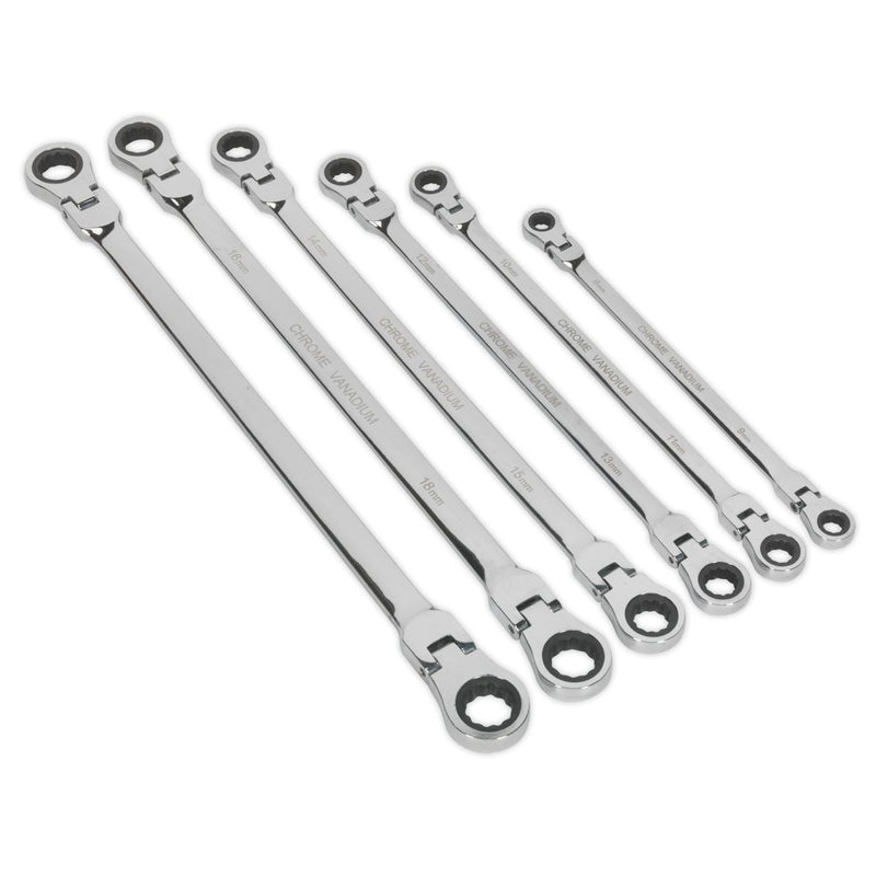 Sealey Flexi-Head Double End Ratchet Ring Spanner Set 6pc Extra-Long Metric Sealey - Dynamic Drive