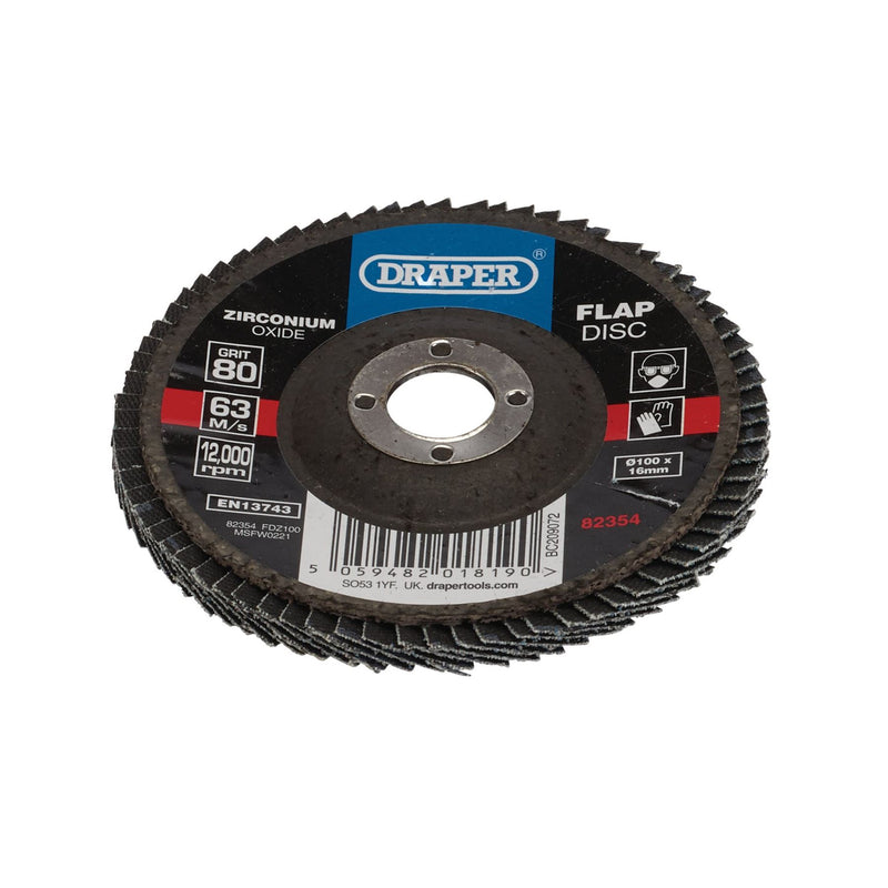 Draper Zirconium Oxide Flap Disc, 100 x 16mm, 80 Grit 82354 Draper - Dynamic Drive