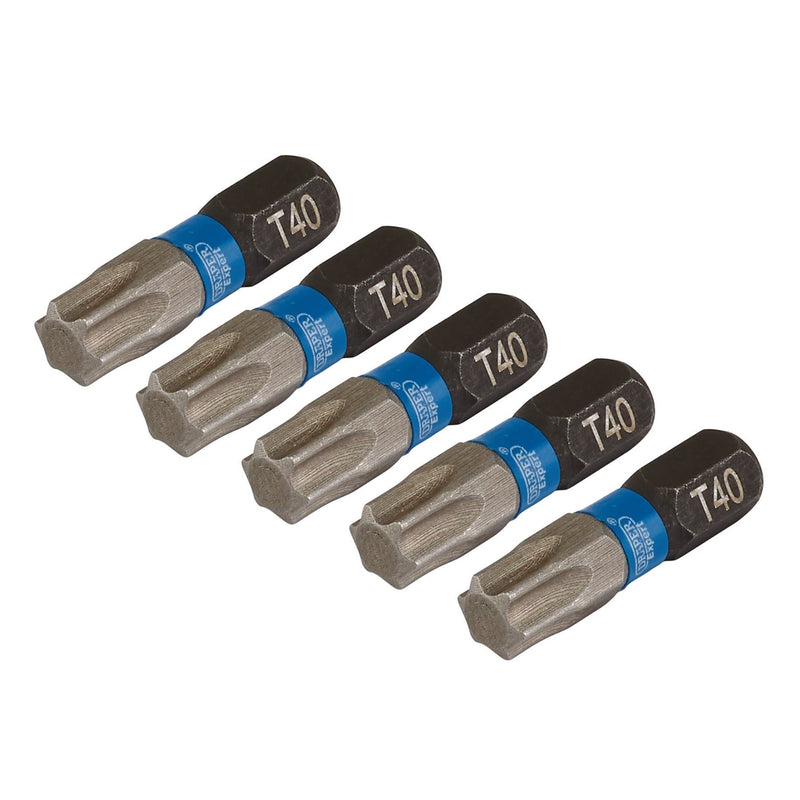 Draper Expert TX-STAR Impact Screwdriver Bits, T40 x 25mm, 1/4" Hex (Pack of 5) Draper - Dynamic Drive