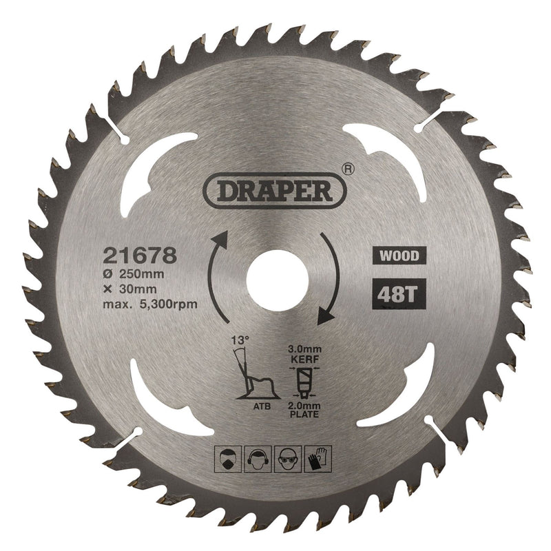 Draper TCT Circular Saw Blade for Wood, 250 x 30mm, 48T 21678 Draper - Dynamic Drive