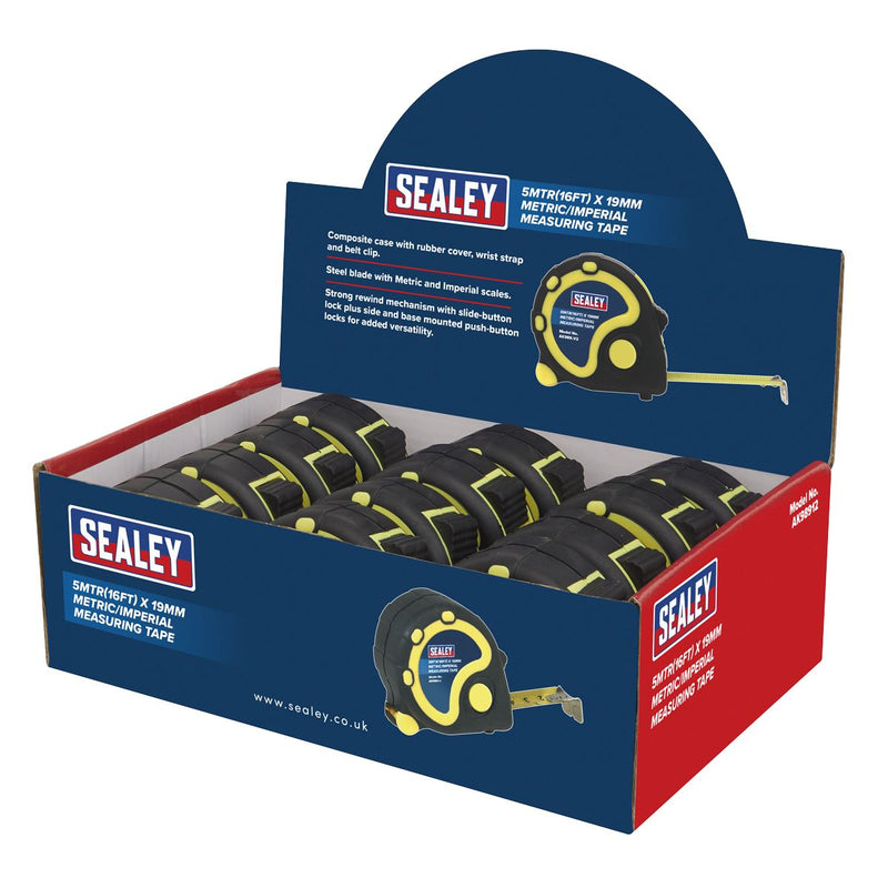 Sealey Rubber Tape Measure 5m(16ft) x 19mm Metric/Imperial Display Box of 12 Sealey - Dynamic Drive