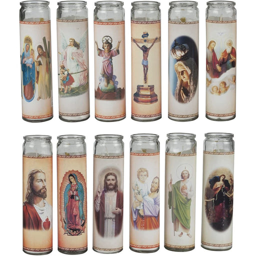 12 x Christmas Candle Candlestick Gift 22cm with Religious Print Glass Set Lifetime  - Dynamic Drive