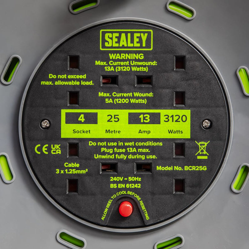 Sealey 25m Cable Reel with Thermal Trip 4 x 230V - Hi-Vis Green BCR25G Sealey - Dynamic Drive