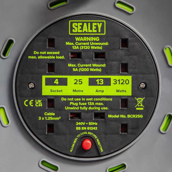 Sealey 25m Cable Reel with Thermal Trip 4 x 230V - Hi-Vis Green BCR25G Sealey - Dynamic Drive
