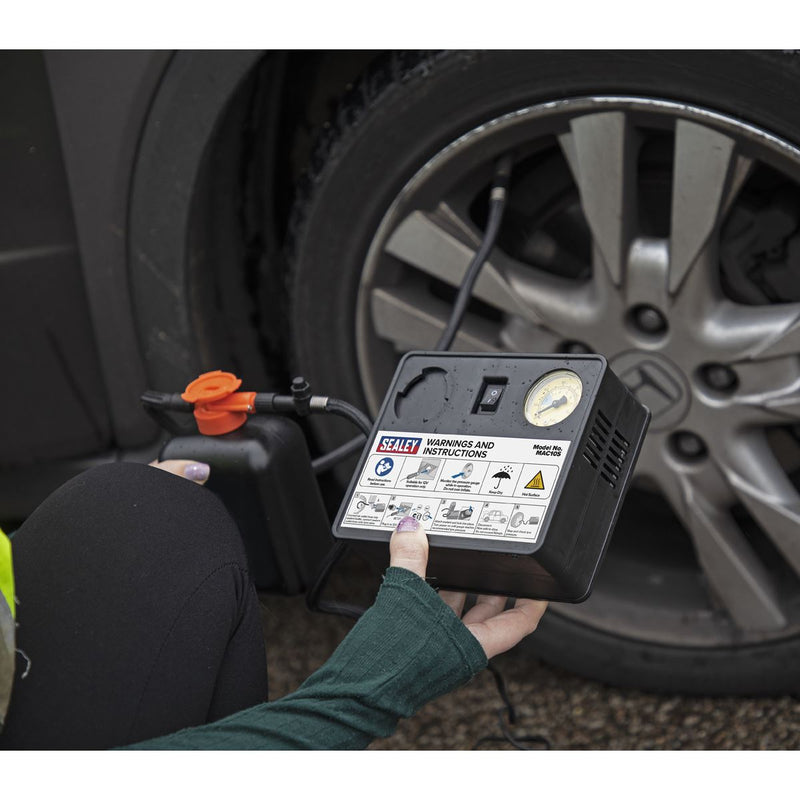 Sealey Tyre Inflator 12V & Emergency Puncture Sealant Kit MAC10S Sealey - Dynamic Drive