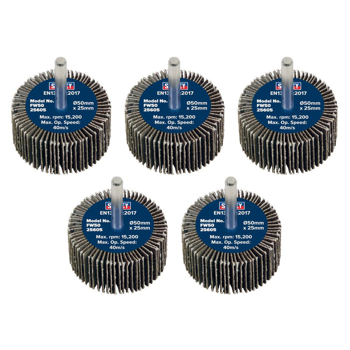 Sealey 50 x 25mm Abrasive Flap Wheel on 6mm Shaft 60Grit - Pack of 5 FW5025605 Sealey - Dynamic Drive