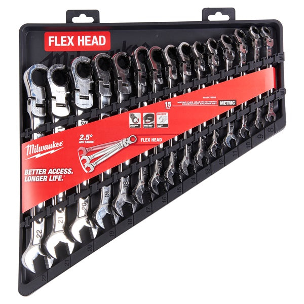 Milwaukee MAX BITE metric flexible head ratcheting combination spanner 15 set Milwaukee - Dynamic Drive
