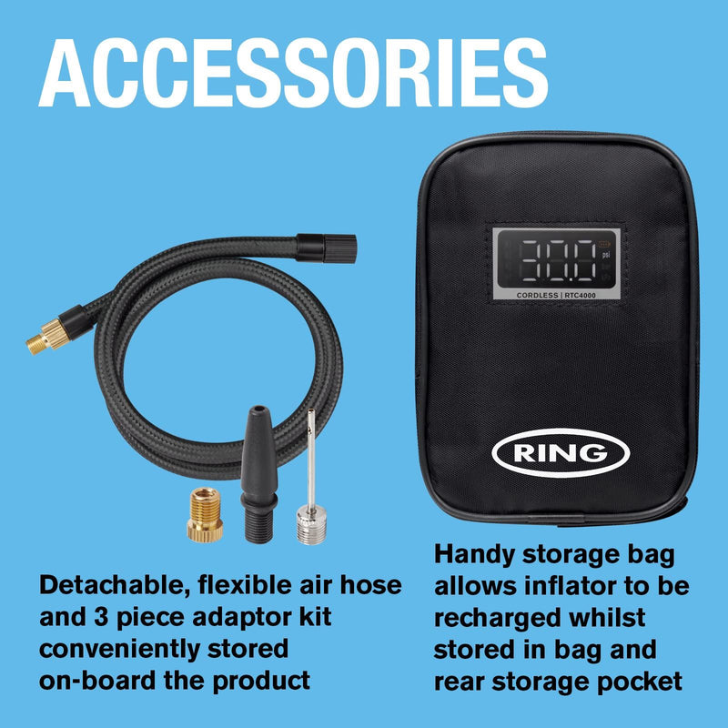 Ring Automotive RTC4000 cordless tyre inflator air compressor car pump. Recharge Ring Automotive - Dynamic Drive