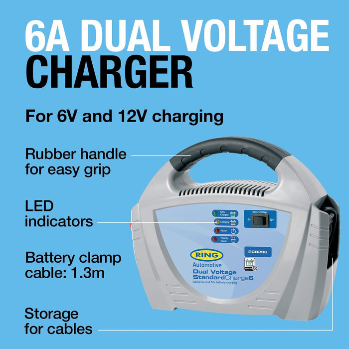 Ring Automotive - RCB206 6A Battery Charger, 6V and 12V Lead Acid Batteries, Veh Ring Automotive - Dynamic Drive