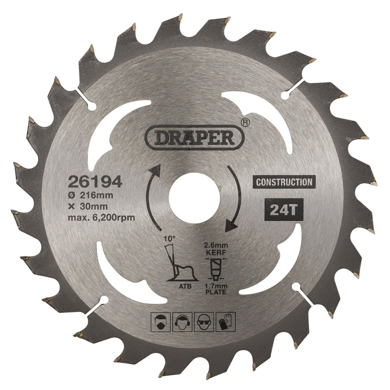 Draper TCT Construction Circular Saw Blade, 216 x 30mm, 24T 26194 Draper - Dynamic Drive