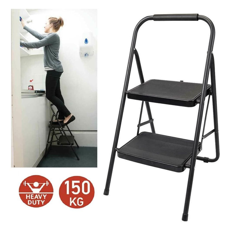 Foldable 2 Step Ladder Non Slip Tread Safety Steel Small Stool Ladders Kitchen Silverline  - Dynamic Drive