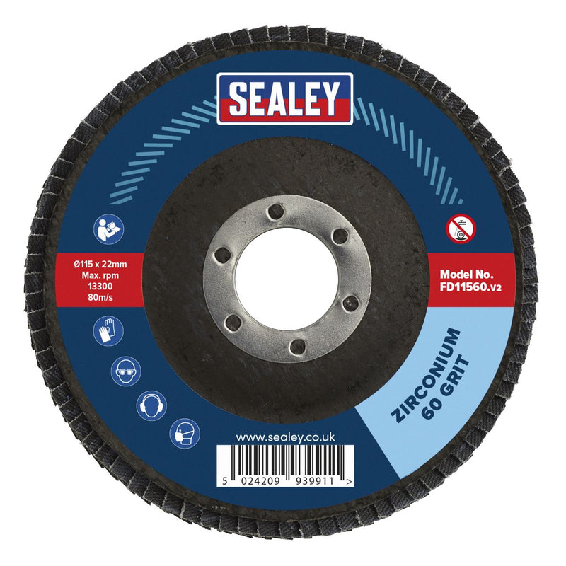 Sealey Flap Disc Zirconium 115mm 22mm Bore 60Grit FD11560 Sealey  - Dynamic Drive