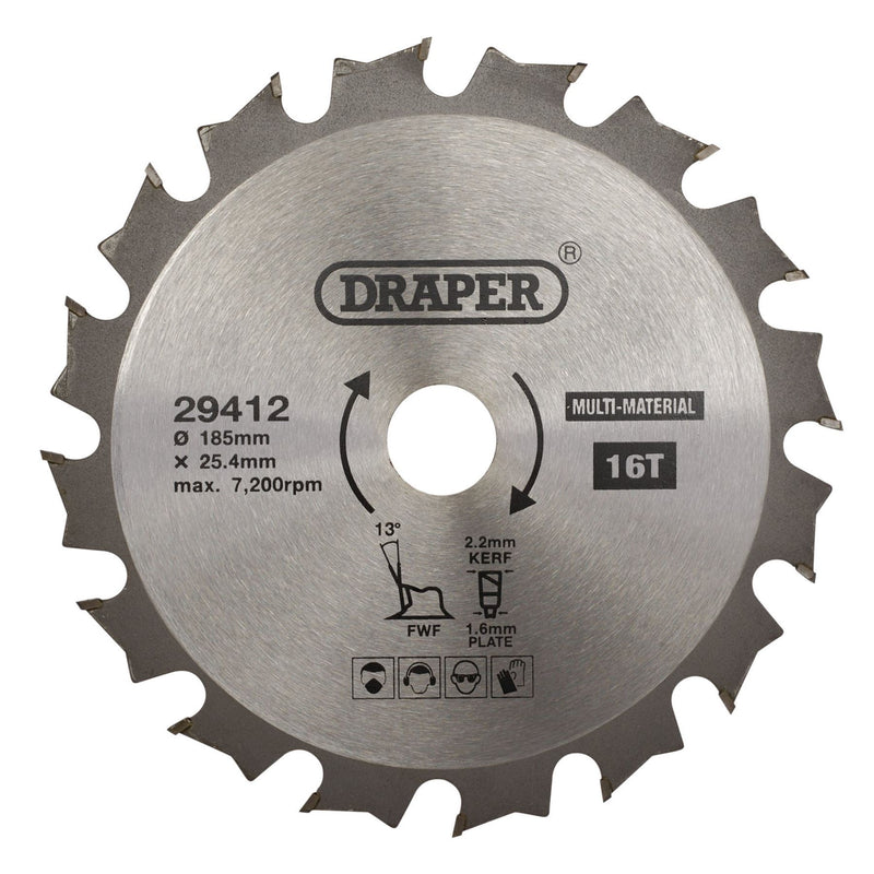 Draper TCT Multi-Purpose Circular Saw Blade, 185 x 25.4mm, 16T 29412 Draper - Dynamic Drive