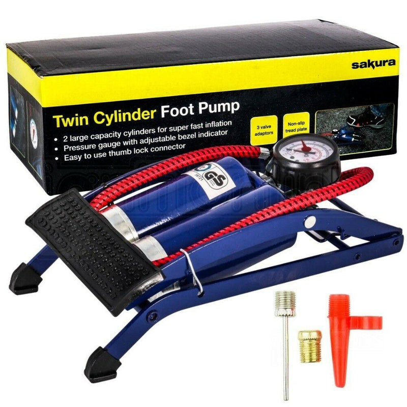 Double Barrel Cylinder Pump Air Inflator Foot Pump Car Van Bicylce Bike Tyre Sakura - Dynamic Drive