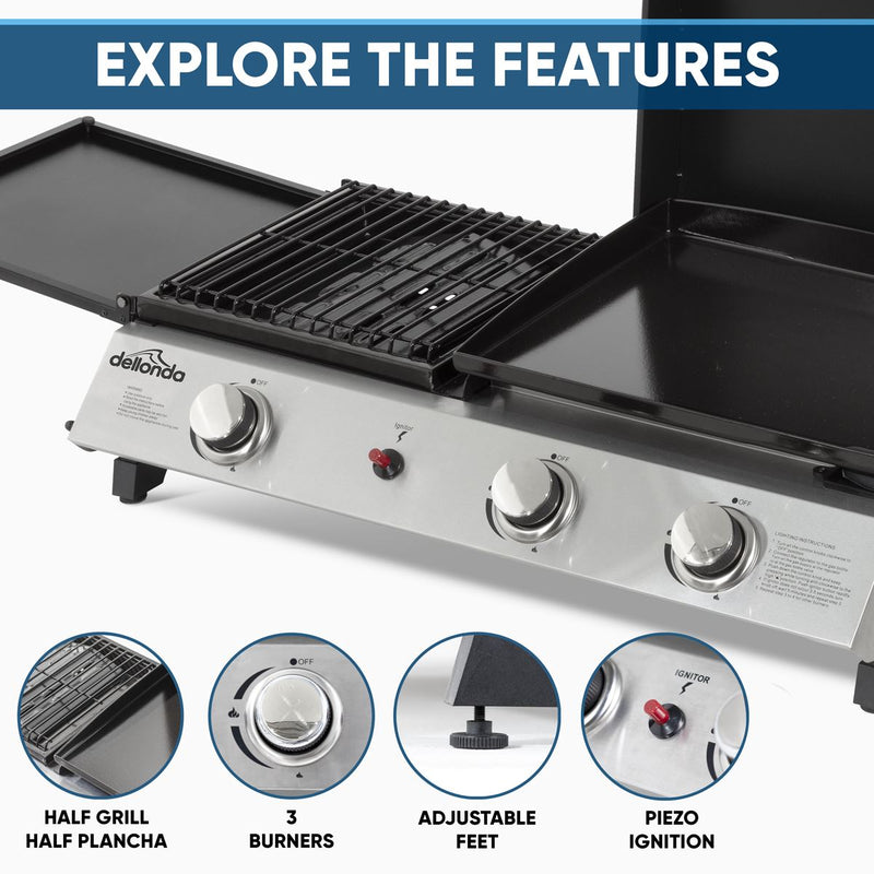 Dellonda 3 Burner Stainless Steel Portable Gas Plancha/Grill 8.5kW Dellonda - Dynamic Drive