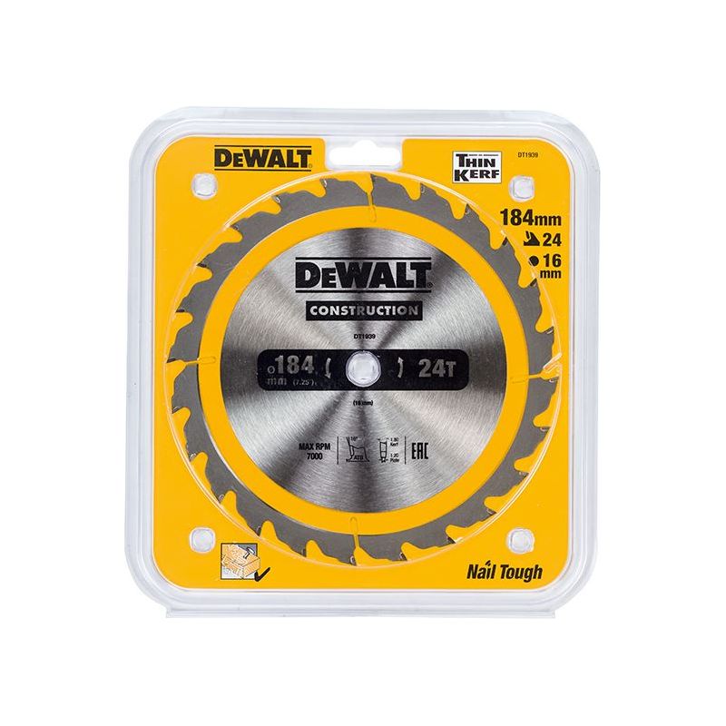 Dewalt Power Tools Portable Construction Circular Saw Blade 184 x 16mm x 24T DeWALT Power Tools - Dynamic Drive