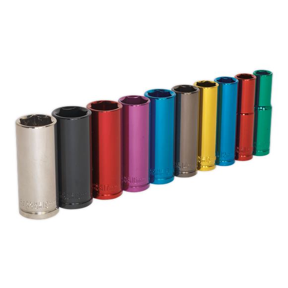 Sealey Premier 10pc 3/8" Drive Deep Multi Coloured Hex Socket Set 10-19mm Sealey  - Dynamic Drive