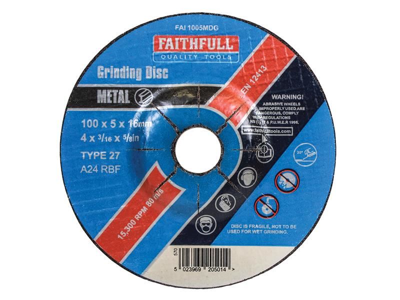 Faithfull Depressed Centre Metal Grinding Disc 100 x 5 x 16mm Faithfull - Dynamic Drive