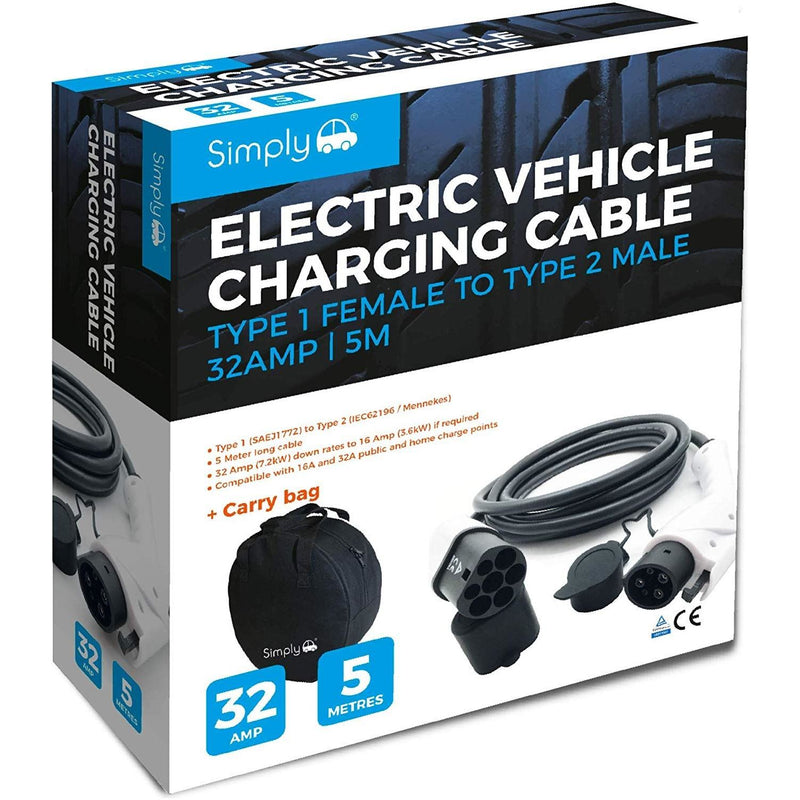EV / Electric Car - Charging Cable | 5m | 32Amp | Type 1 to Type 2 | 7.2kW Town Tools - Dynamic Drive