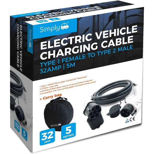 EV / Electric Car - Charging Cable | 5m | 32Amp | Type 1 to Type 2 | 7.2kW Town Tools - Dynamic Drive