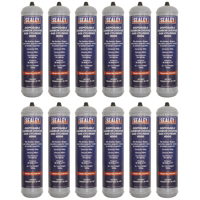 Sealey Disposable Carbon Dioxide Gas Cylinder 600g - Box of 12 CO2/101/12 Sealey - Dynamic Drive