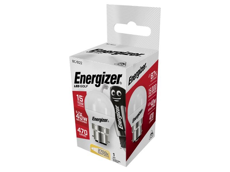 Energizer® LED BC (B22) Opal Golf Non-Dimmable Bulb, Warm White 470 lm 5.2W Energizer® - Dynamic Drive