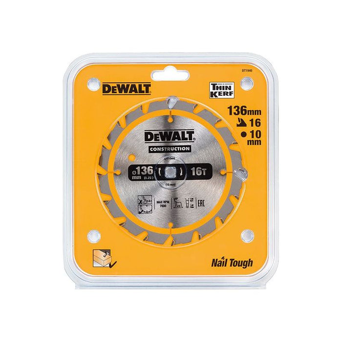 Dewalt Power Tools Cordless Construction Trim Saw Blade 136 x 10mm x 16T DeWALT Power Tools - Dynamic Drive