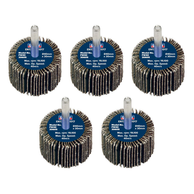 Sealey 40 x 30mm Abrasive Flap Wheel on 6mm Shaft 60Grit - Pack of 5 FW4030605 Sealey - Dynamic Drive