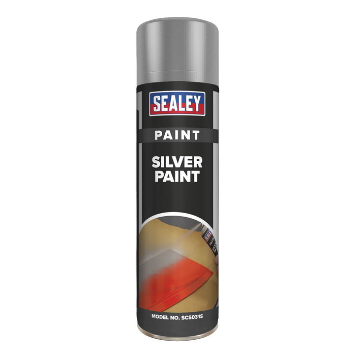 Sealey Silver Spray Paint 500ml for Metals Wood Plastic Fast Drying Sealey  - Dynamic Drive