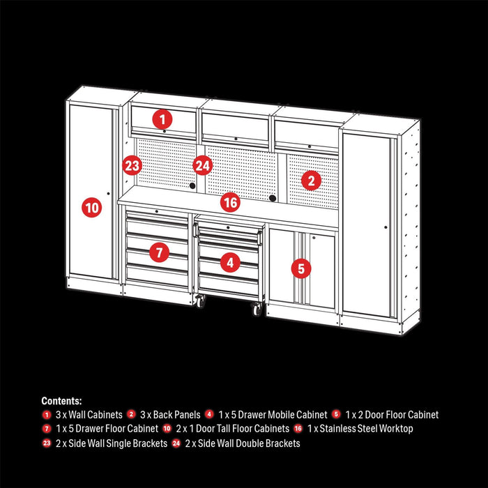 Draper BUNKER Modular Storage Combo with Stainless Steel Worktop (16 Piece) Draper - Dynamic Drive