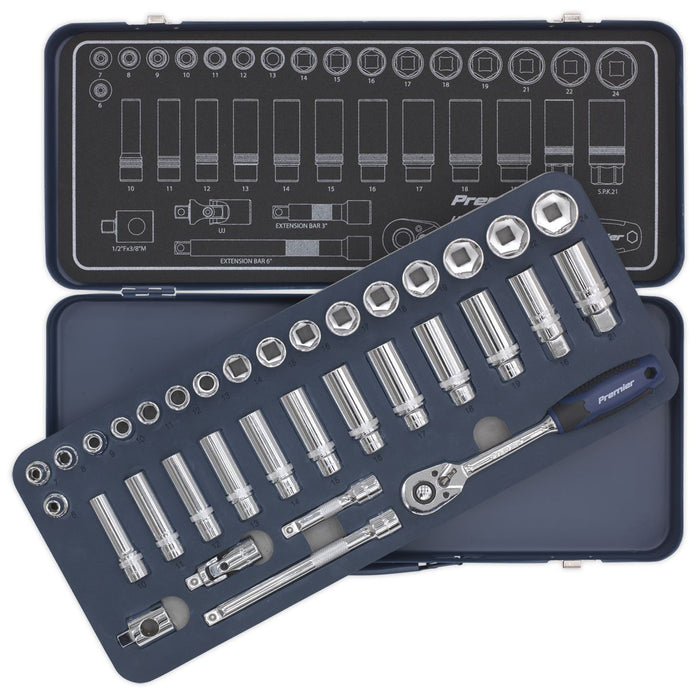 Sealey Premier 34pc 3/8" Drive Lock On Socket Set 6-24mm Ratchet Handle Sealey  - Dynamic Drive