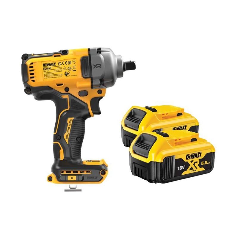 Dewalt Power Tools DCF892P2T XR BL High Torque 1/2in Impact Wrench 18V 2 x 5.0Ah Li-ion DeWALT Power Tools - Dynamic Drive