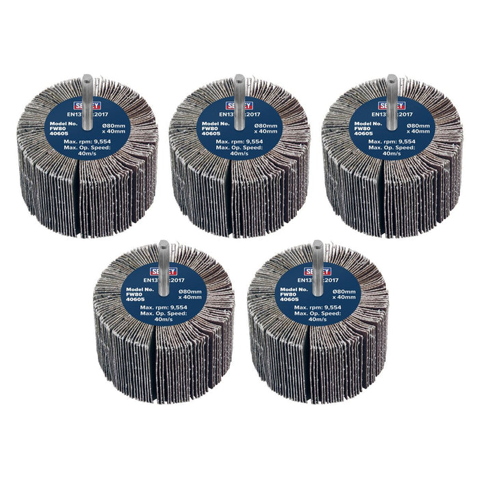 Sealey 80 x 40mm Abrasive Flap Wheel on 6mm Shaft 60Grit - Pack of 5 FW8040605 Sealey - Dynamic Drive