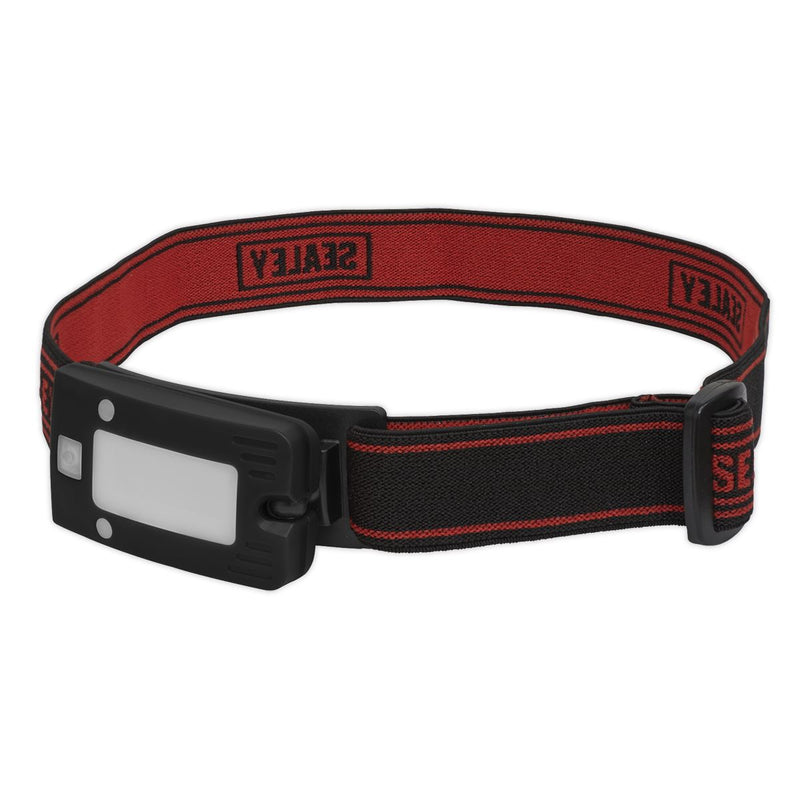 2W COB LED Rechargeable Head Torch Auto Sensor Cycling Front Rear Light Black Sealey  - Dynamic Drive