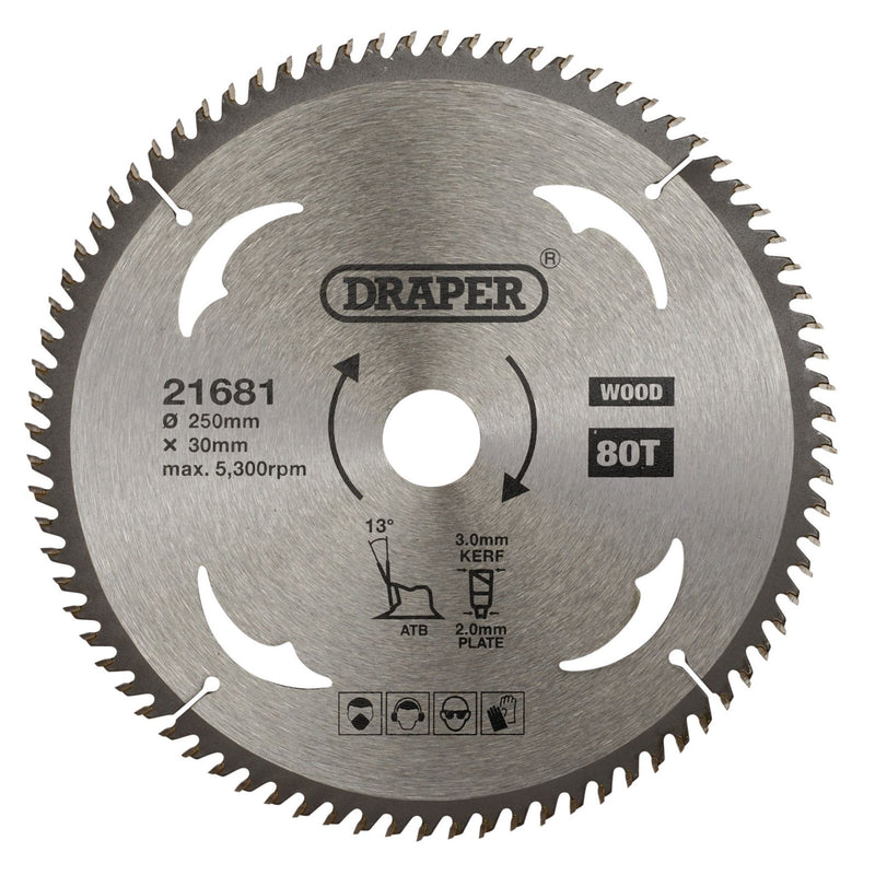 Draper TCT Circular Saw Blade for Wood, 250 x 30mm, 80T 21681 Draper - Dynamic Drive