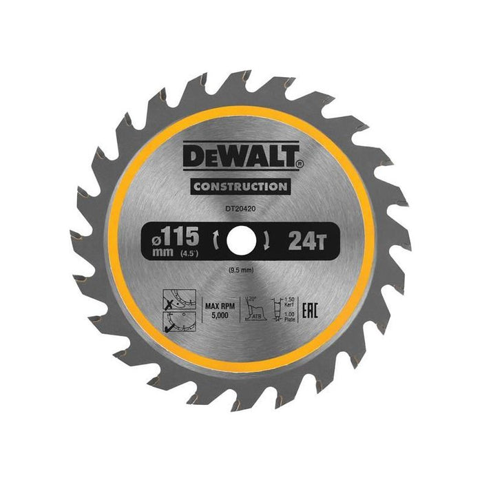 Dewalt Power Tools DT20420 TCT Construction Circular Saw Blade 115 x 9.5mm x 24T DeWALT Power Tools - Dynamic Drive